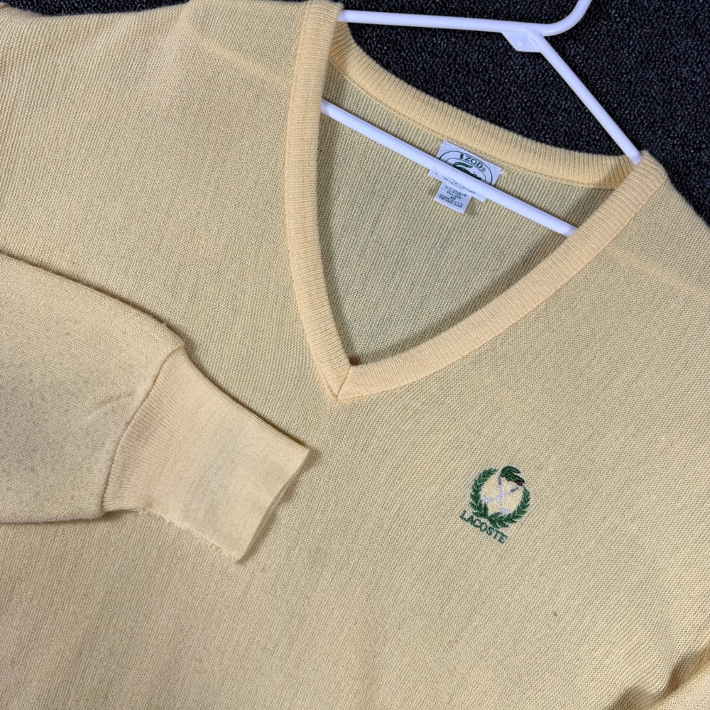 Vintage Izod Lacoste V-Neck Sweater Men's XL Yellow Golf Crest Logo USA Made 80s